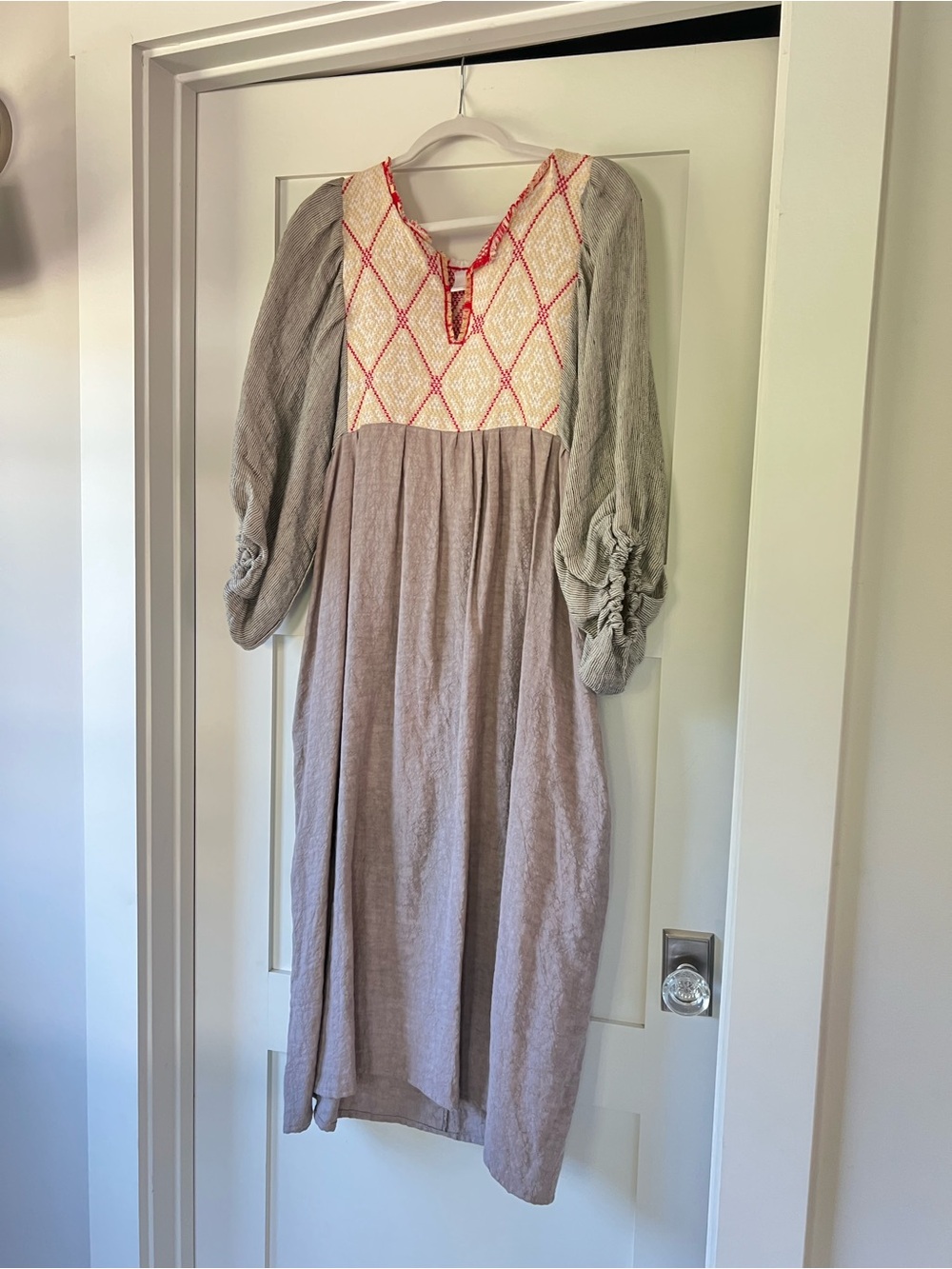 Boho Neutral Linen Midi Dress with Embroidered Bodice
